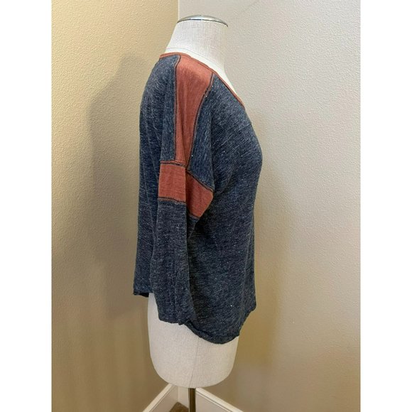 Madewell Women's T-Shirt Linen Round Neck Blue Brown 3/4 Sleeve Size Small - Picture 2 of 4